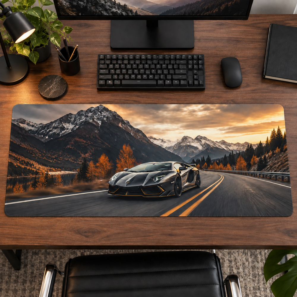 Dağ Yolunda Siyah Süper Otomobil Mouse Pad - Y1092