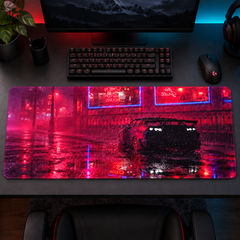 Kızıl Neon Sokakta Siyah Otomobil Mouse Pad - Y1141