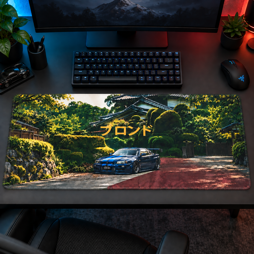 Yeşil Japon Bahçesinde Mavi Spor Otomobil Mouse Pad - Y1211