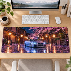 Sakura Sokağında Beyaz Spor Otomobil Mouse Pad - Y1215