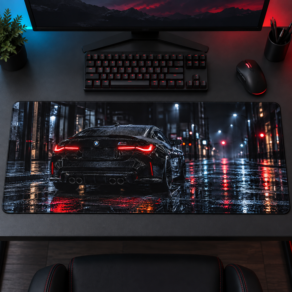 Yağmurlu Şehirde Siyah Spor Otomobil Mouse Pad - Y1321