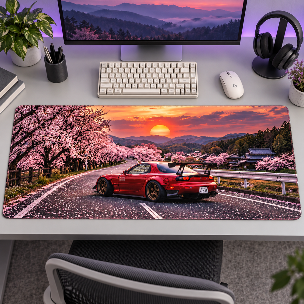 Kırmızı Spor Otomobil Sakura Gün Batımı Mouse Pad - Y1379