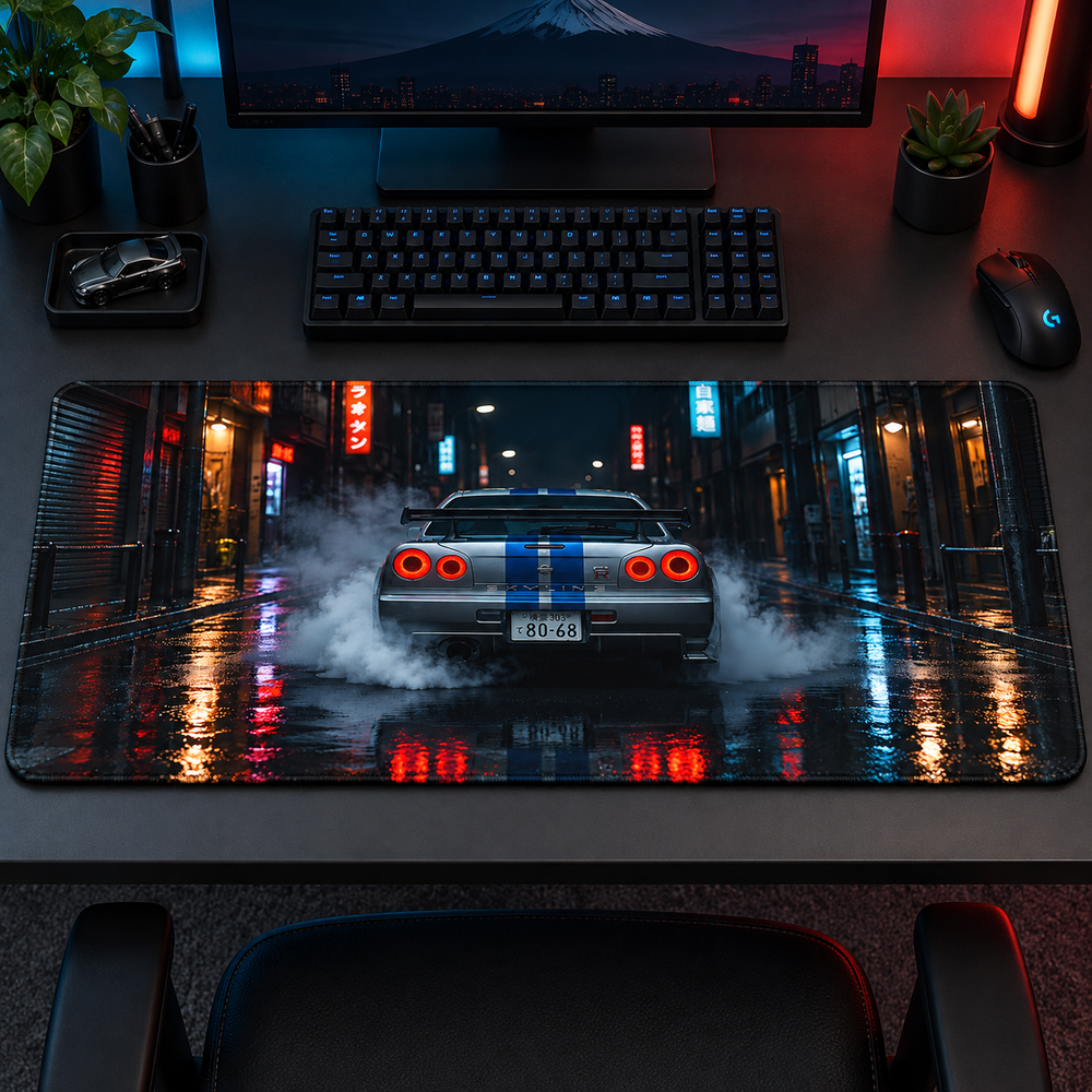 Mavi Beyaz Spor Otomobil Gece Drifti Mouse Pad - Y1576