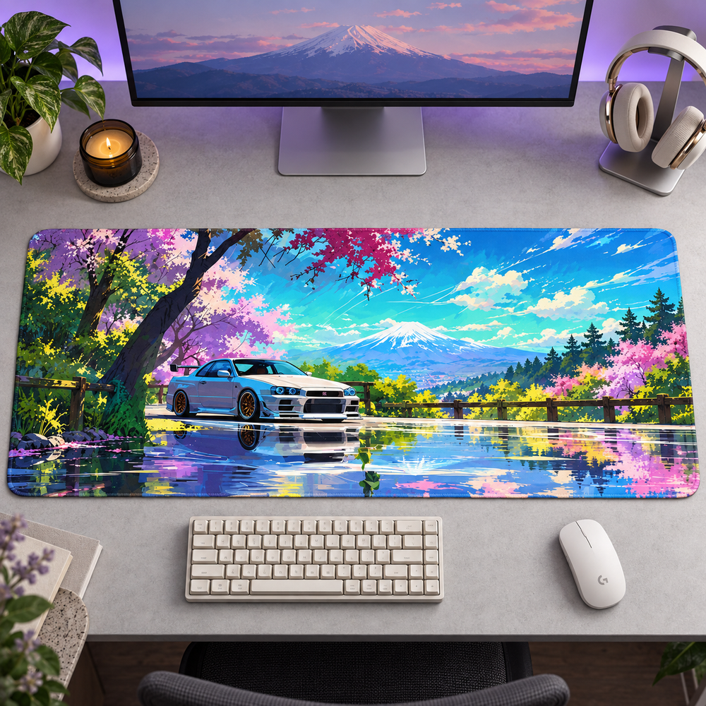 Beyaz Spor Otomobil Sakura Gölü Mouse Pad - Y1724