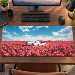 Pembe Çiçek Tarlasında Beyaz Otomobil Mouse Pad - Y1727