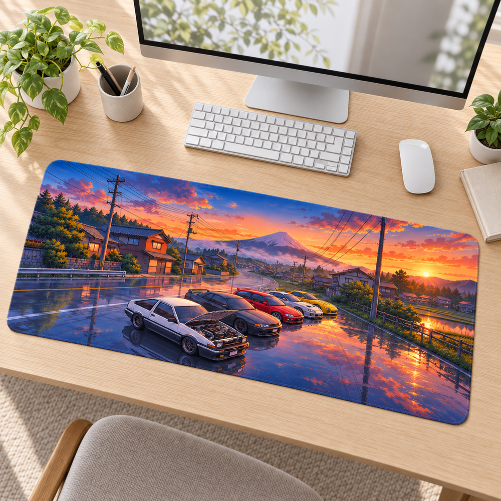 Fuji Gölünde Gün Batımı Otomobilleri Mouse Pad - Y1890