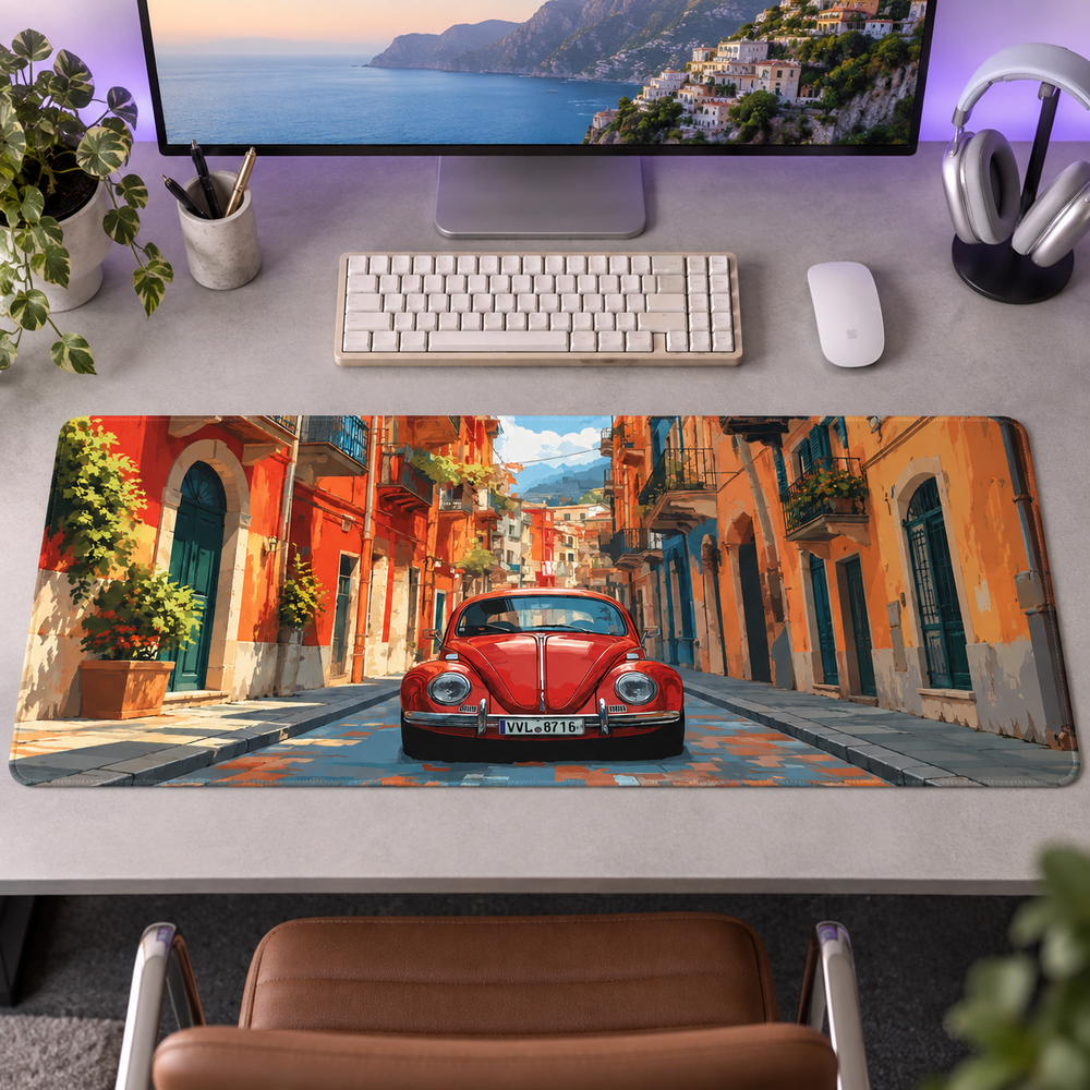 Kırmızı Nostaljik Otomobil Renkli Sokak Mouse Pad - Y1894