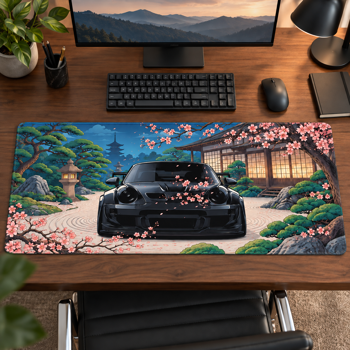 Sakura Bahçesinde Siyah Spor Otomobil Mouse Pad - Y1027