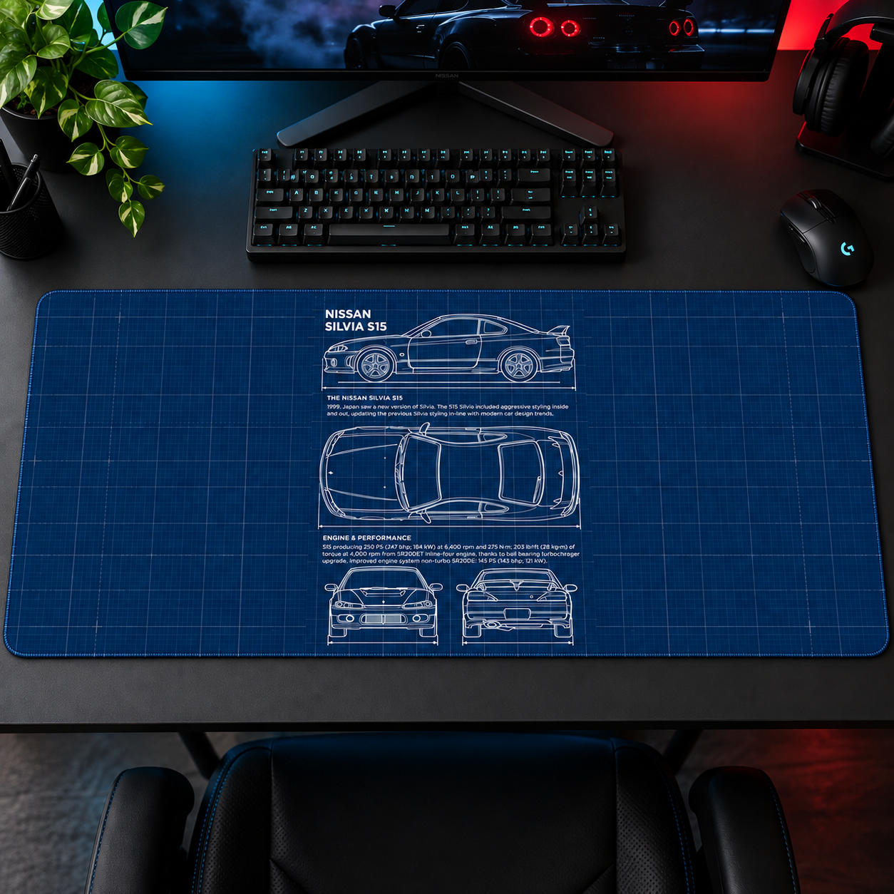 Nissan Silvia S15 Mavi Teknik Çizim Mouse Pad - Y1061