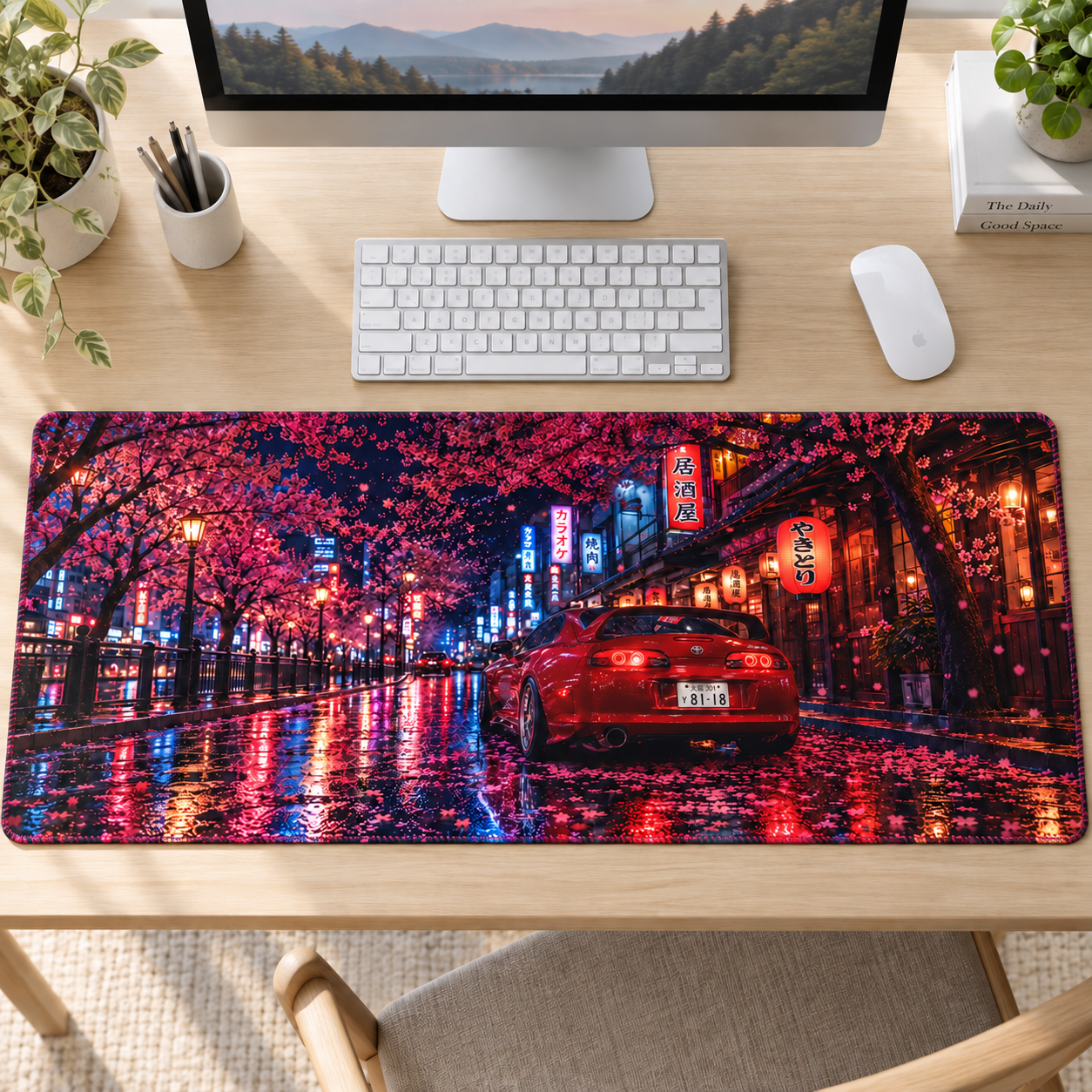 Kırmızı Spor Otomobil Sakura Gecesi Mouse Pad - Y1085