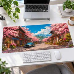 Sakura Sokağında Mavi Otomobil Mouse Pad - Y1103