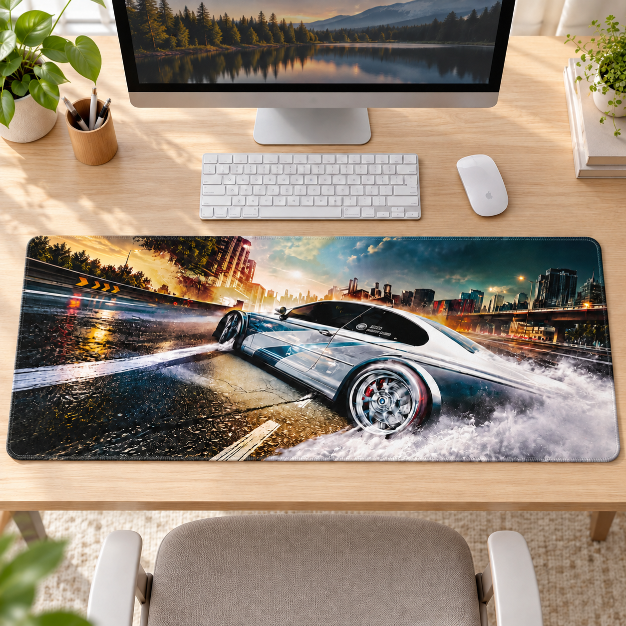 Beyaz Spor Otomobil Şehir Drifti Mouse Pad - Y1130