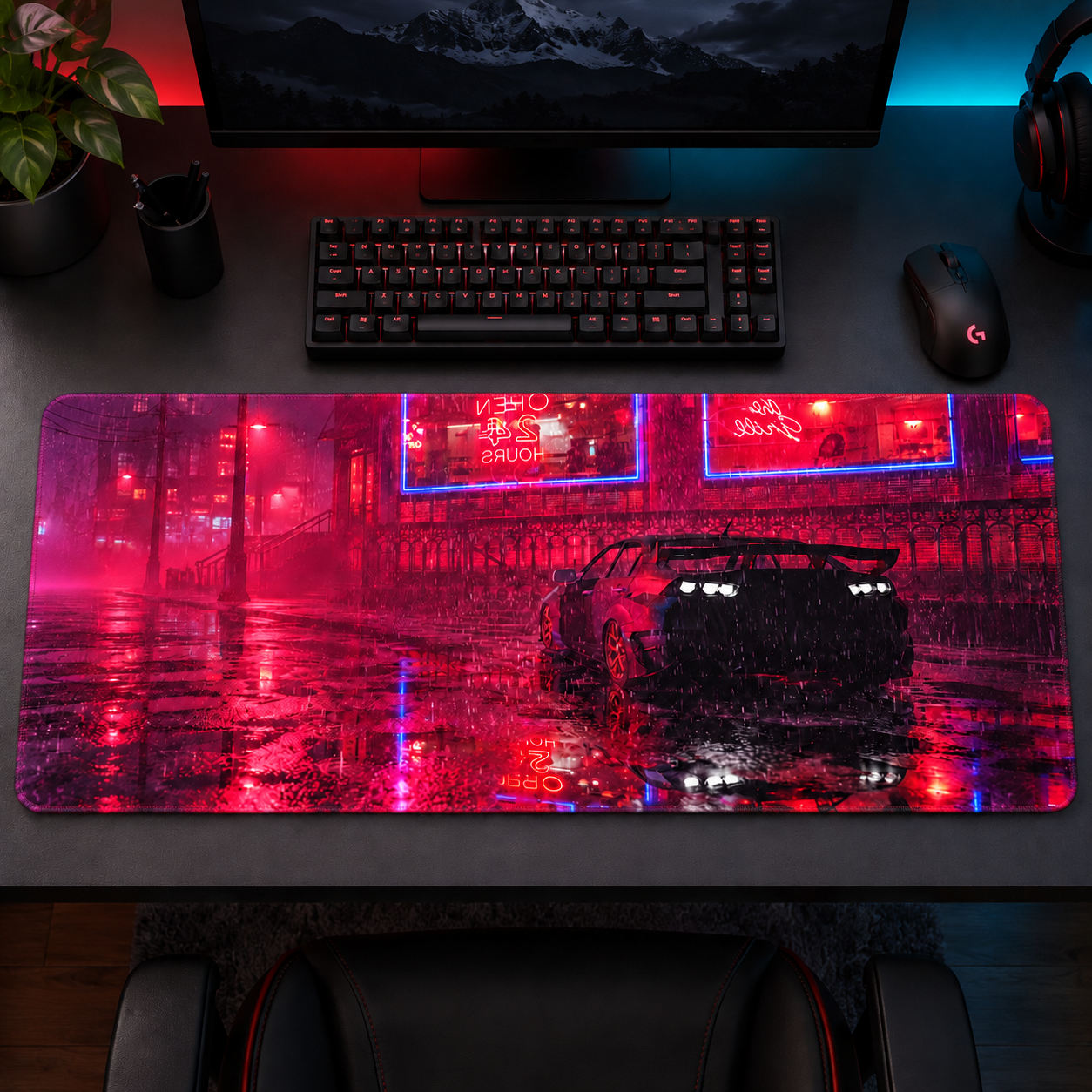 Kızıl Neon Sokakta Siyah Otomobil Mouse Pad - Y1141