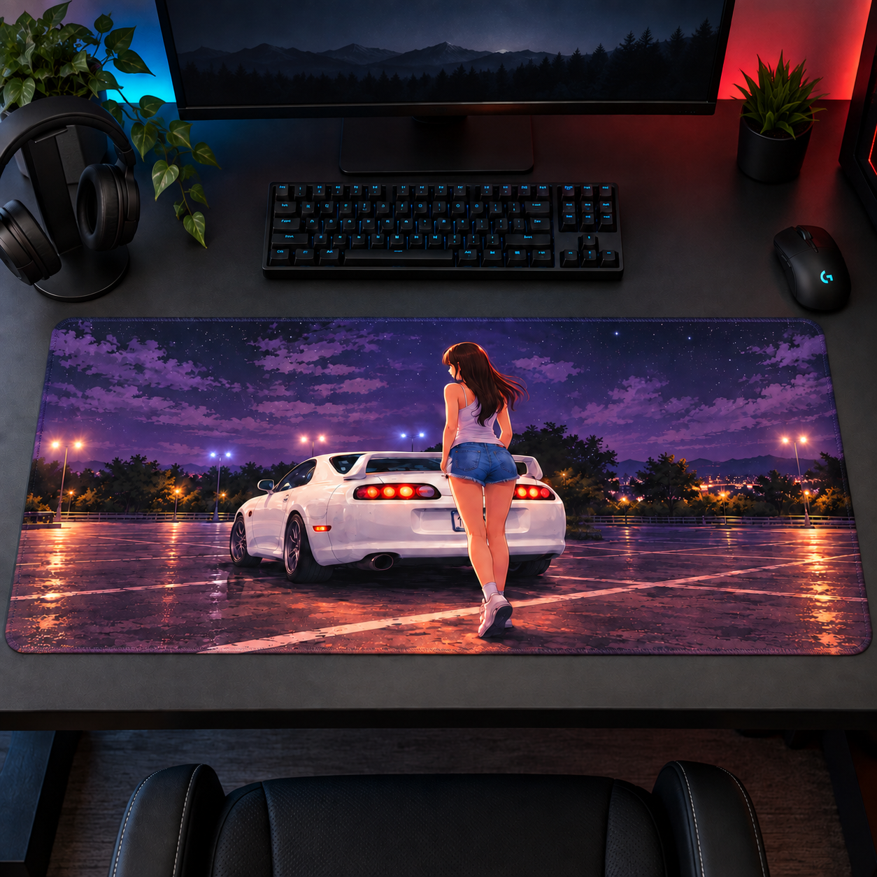 Mor Gecede Beyaz Spor Otomobil Mouse Pad - Y1151