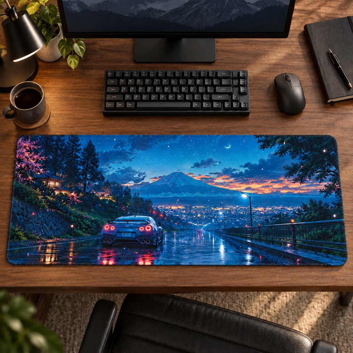 Fuji Manzarasında Mavi Spor Otomobil Mouse Pad - Y1157