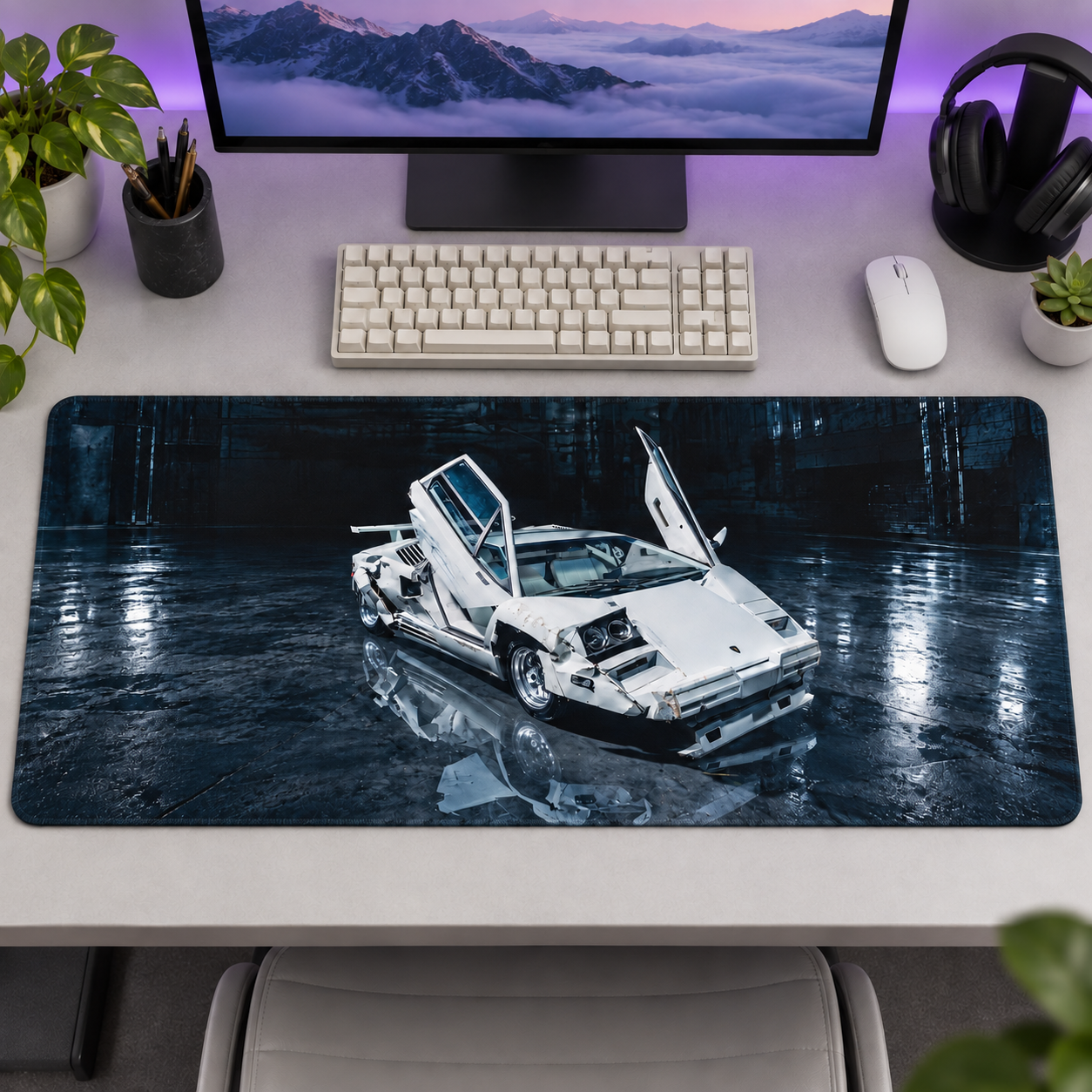 Beyaz Klasik Süper Otomobil Açık Kapılar Mouse Pad - Y1204