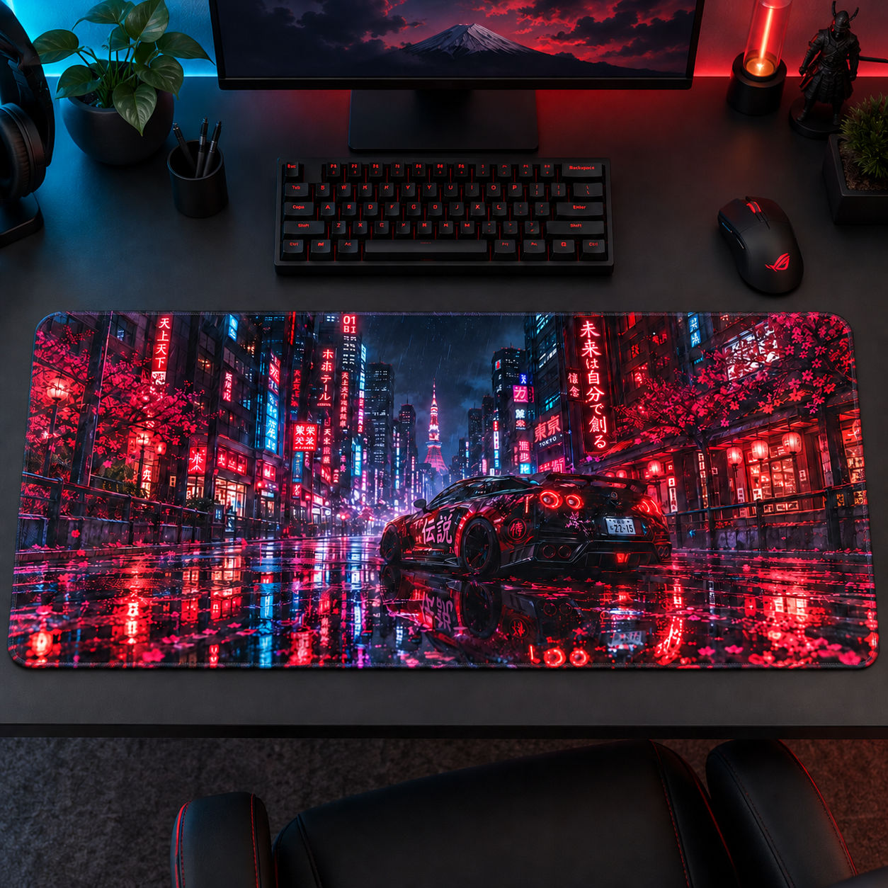 Kızıl Neon Şehirde Siyah Spor Otomobil Mouse Pad - Y1206