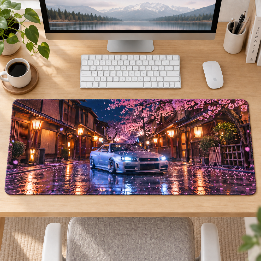 Sakura Sokağında Beyaz Spor Otomobil Mouse Pad - Y1215