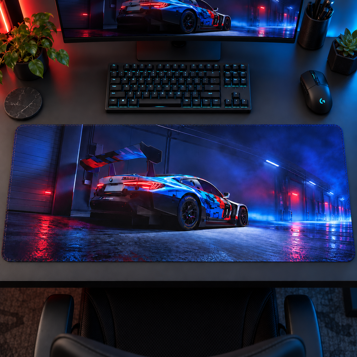 Mavi Yarış Otomobili Neon Garaj Mouse Pad - Y1266