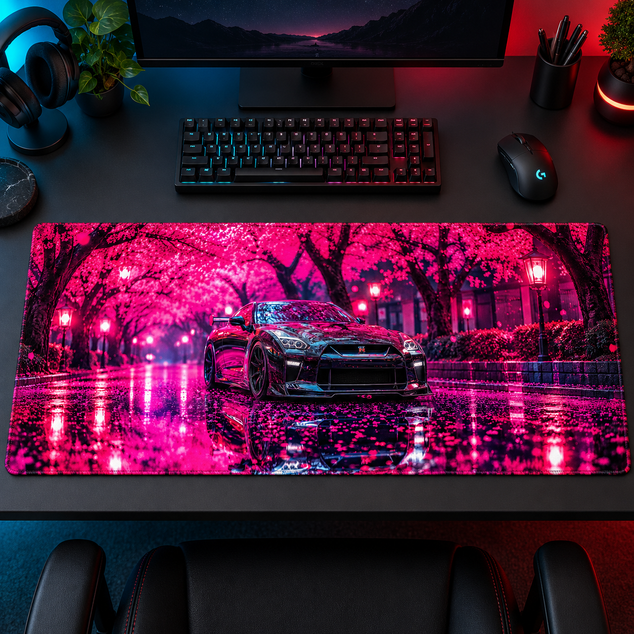 Pembe Sakura Gecesinde Siyah Otomobil Mouse Pad - Y1281