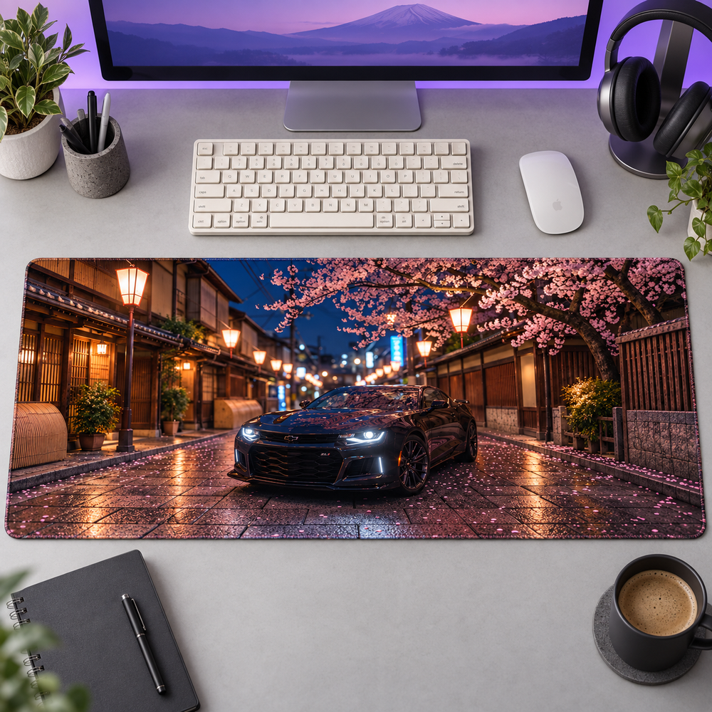 Sakura Sokağında Siyah Spor Otomobil Mouse Pad - Y1294