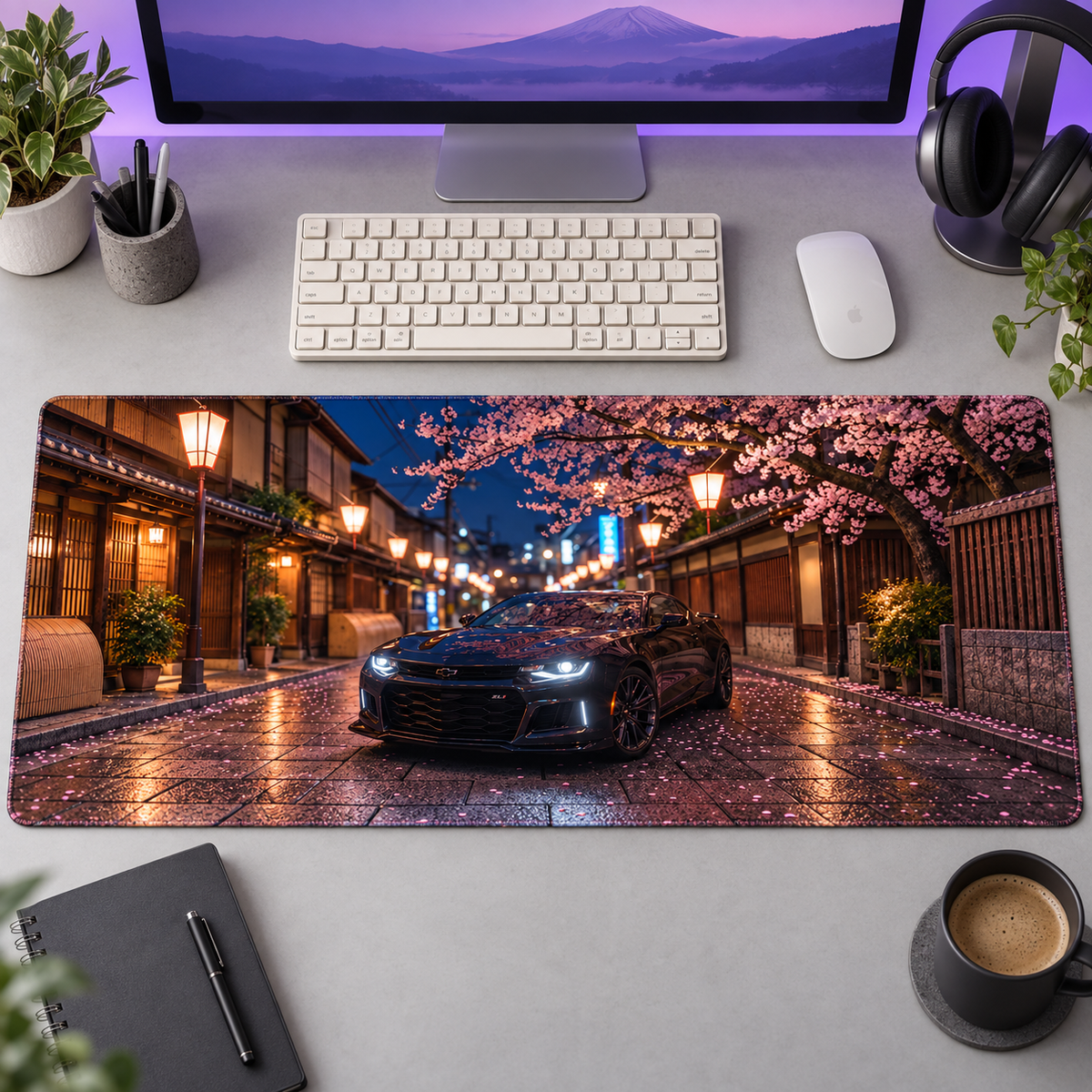 Sakura Sokağında Siyah Spor Otomobil Mouse Pad - Y1294