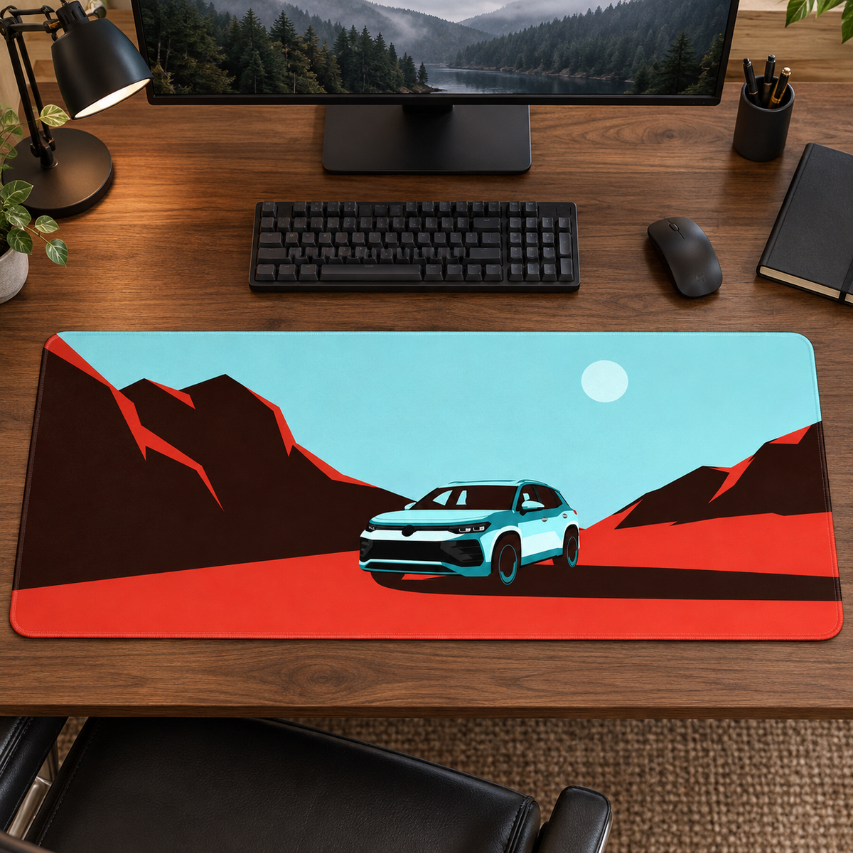 Kızıl Dağlarda Turkuaz Otomobil Çizimi Mouse Pad - Y1317