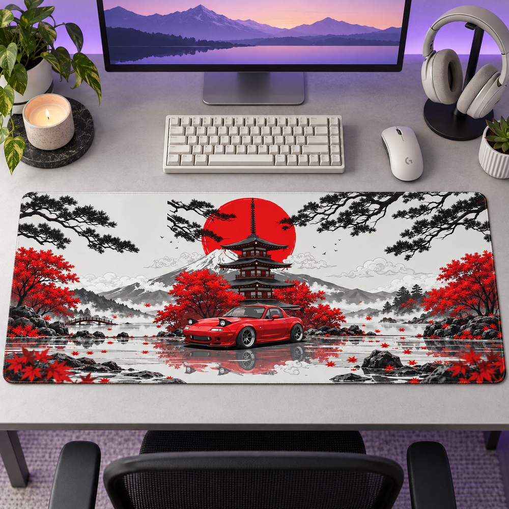 Kızıl Güneş Japon Otomobili Çizimi Mouse Pad - Y1324