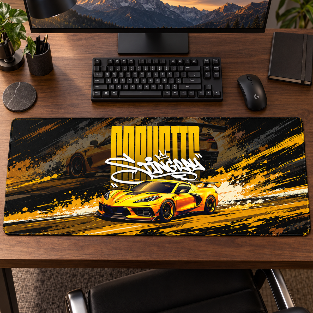 Corvette Sarı Sanatsal Afiş Mouse Pad - Y1337