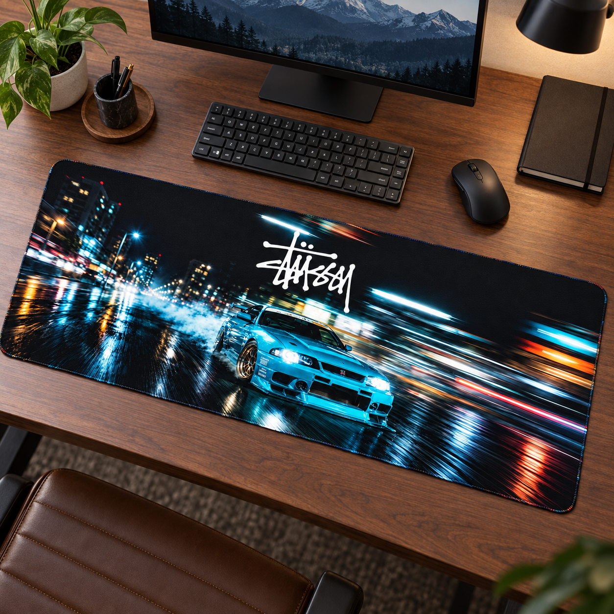Turkuaz Otomobil Gece Hız İzleri Mouse Pad - Y1387