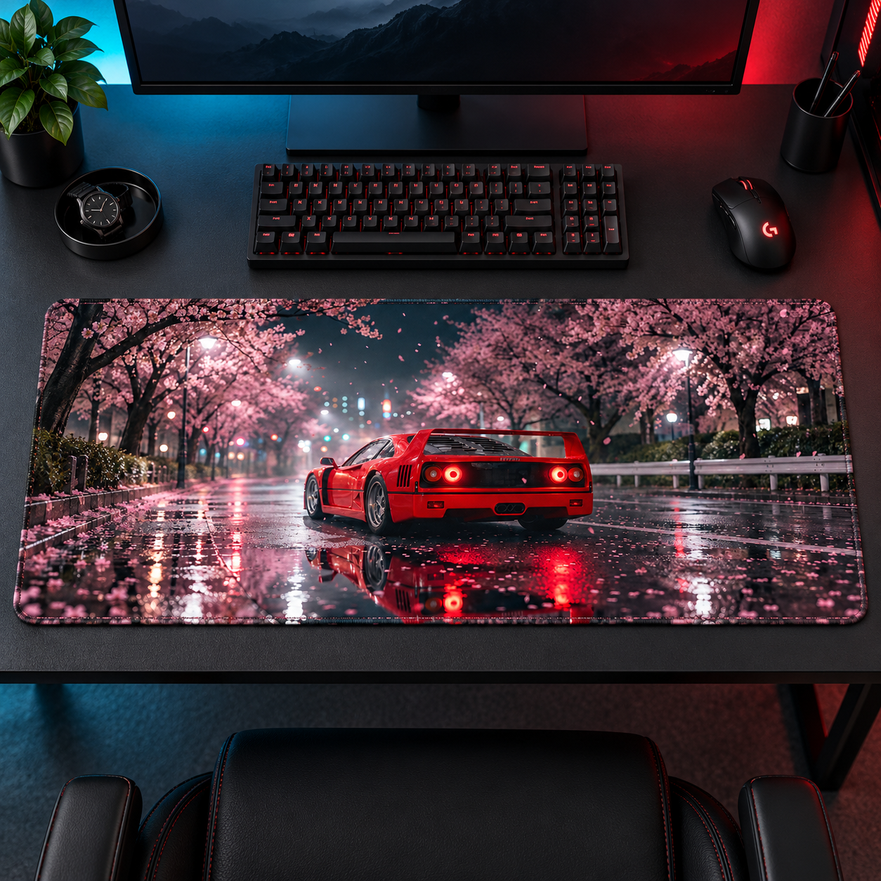 Kırmızı Spor Otomobil Sakura Yansımaları Mouse Pad - Y1391