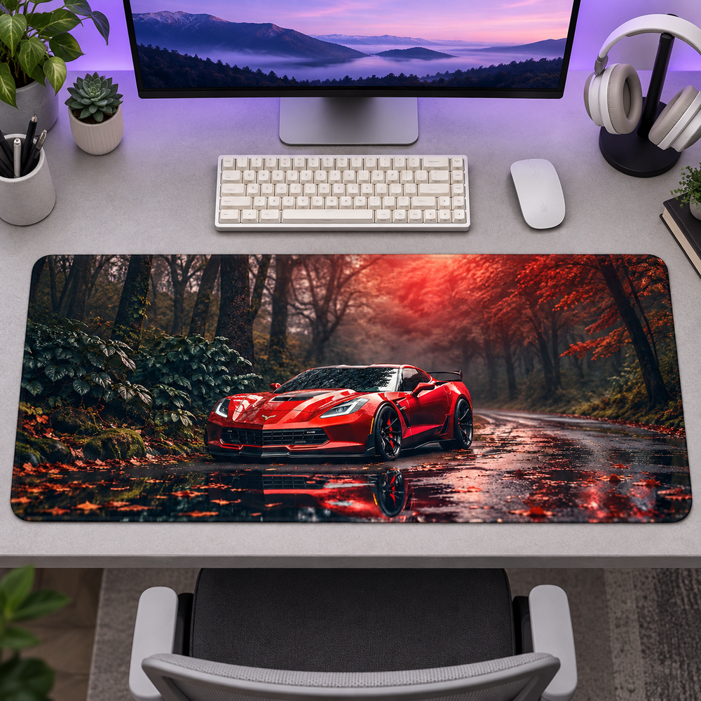 Kırmızı Süper Otomobil Sonbahar Ormanı Mouse Pad - Y1419