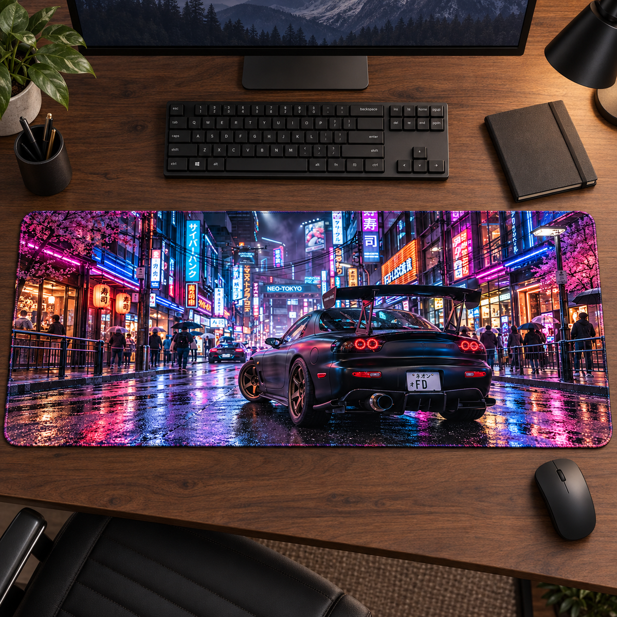 Neon Şehirde Siyah Spor Coupe Mouse Pad - Y1467