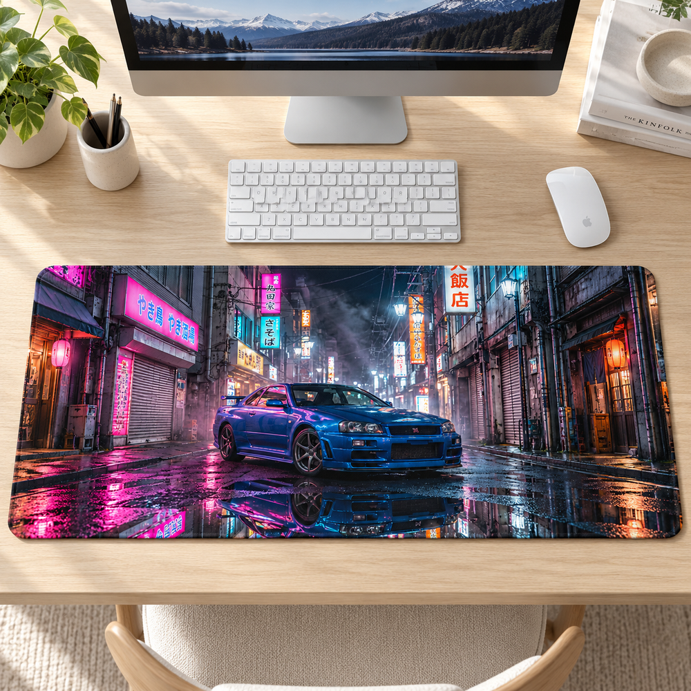 Mavi Spor Otomobil Neon Japon Sokağı Mouse Pad - Y1525