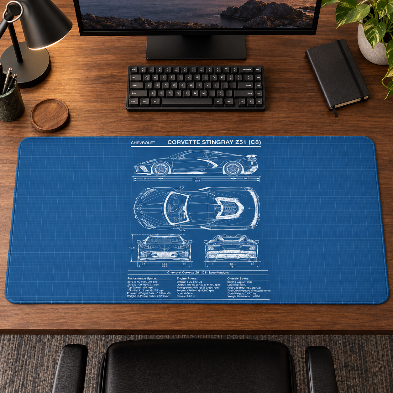 Chevrolet Corvette Mavi Teknik Plan Mouse Pad - Y1552