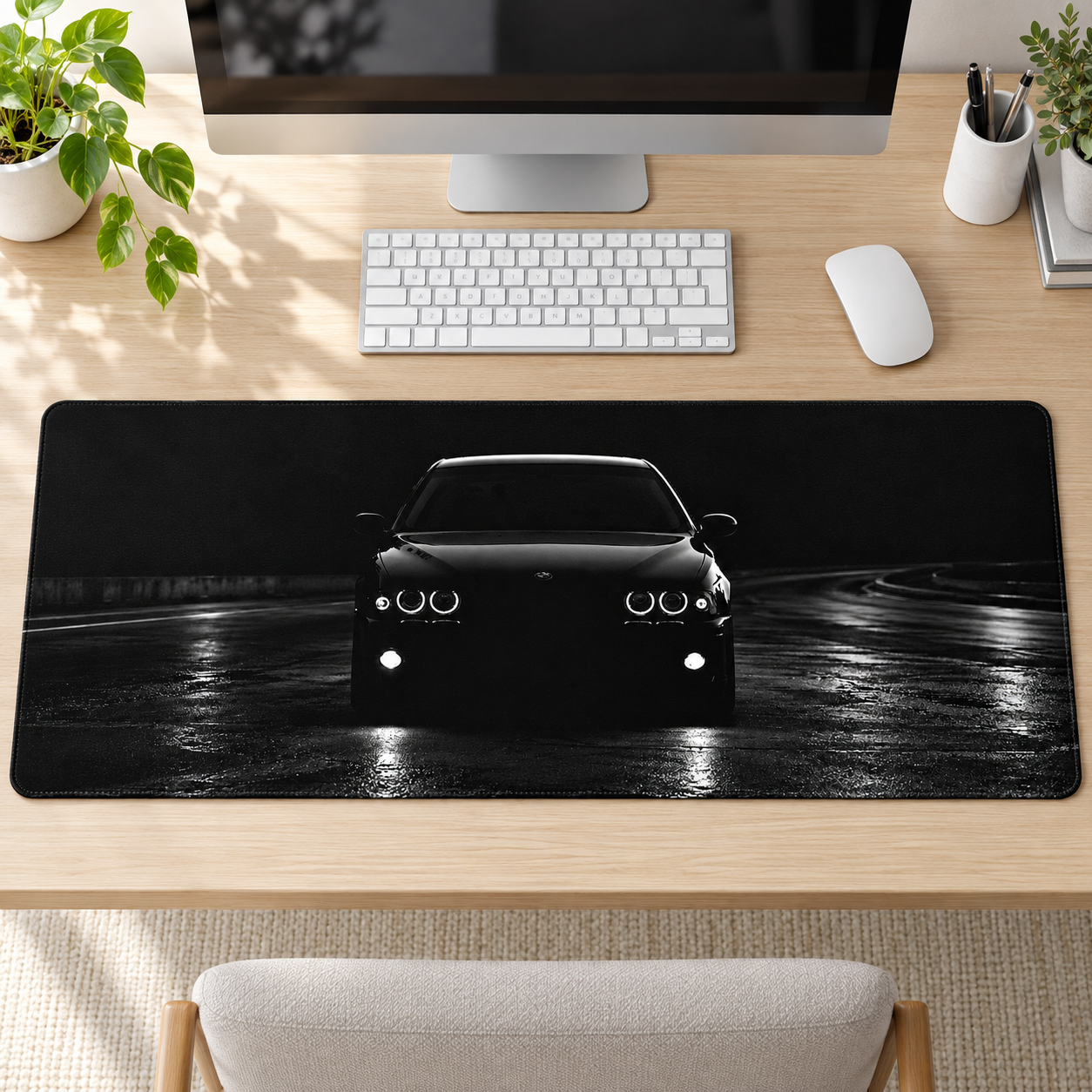 Siyah Otomobil Beyaz Far Silueti Mouse Pad - Y1575