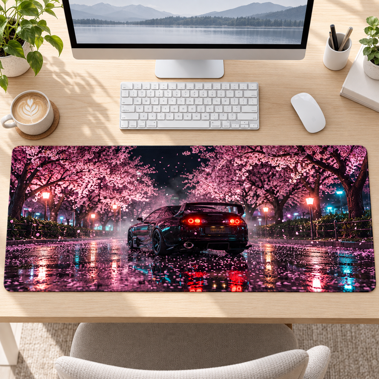 Sakura Parkında Siyah Spor Otomobil Mouse Pad - Y1580