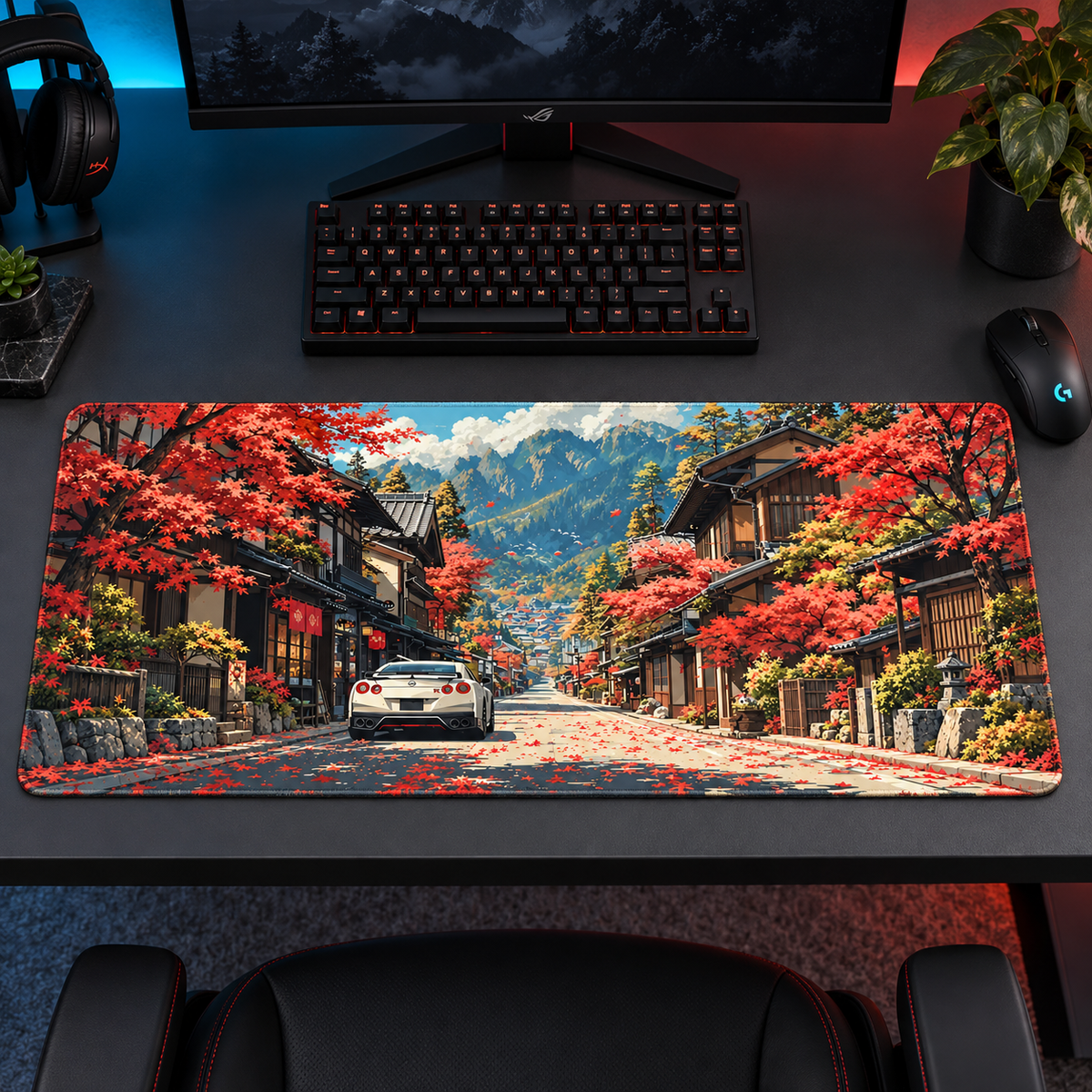 Japon Sokağında Kızıl Sonbahar Mouse Pad - Y1661
