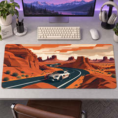 Çöl Yolunda Beyaz Spor Otomobil Çizimi Mouse Pad - Y1694