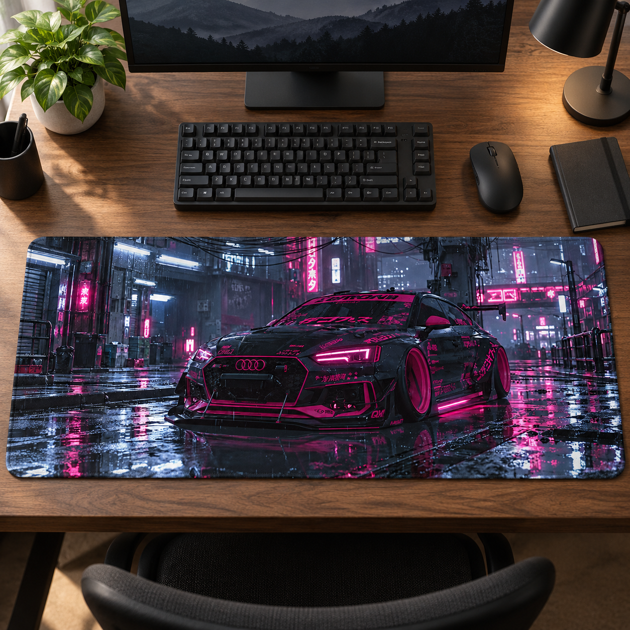 Pembe Neon Şehirde Siyah Spor Otomobil Mouse Pad - Y1697