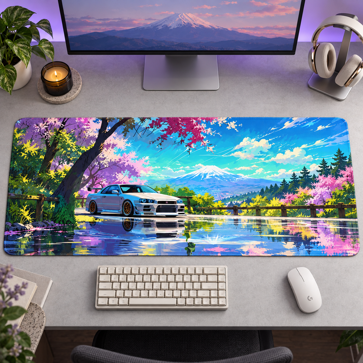 Beyaz Spor Otomobil Sakura Gölü Mouse Pad - Y1724