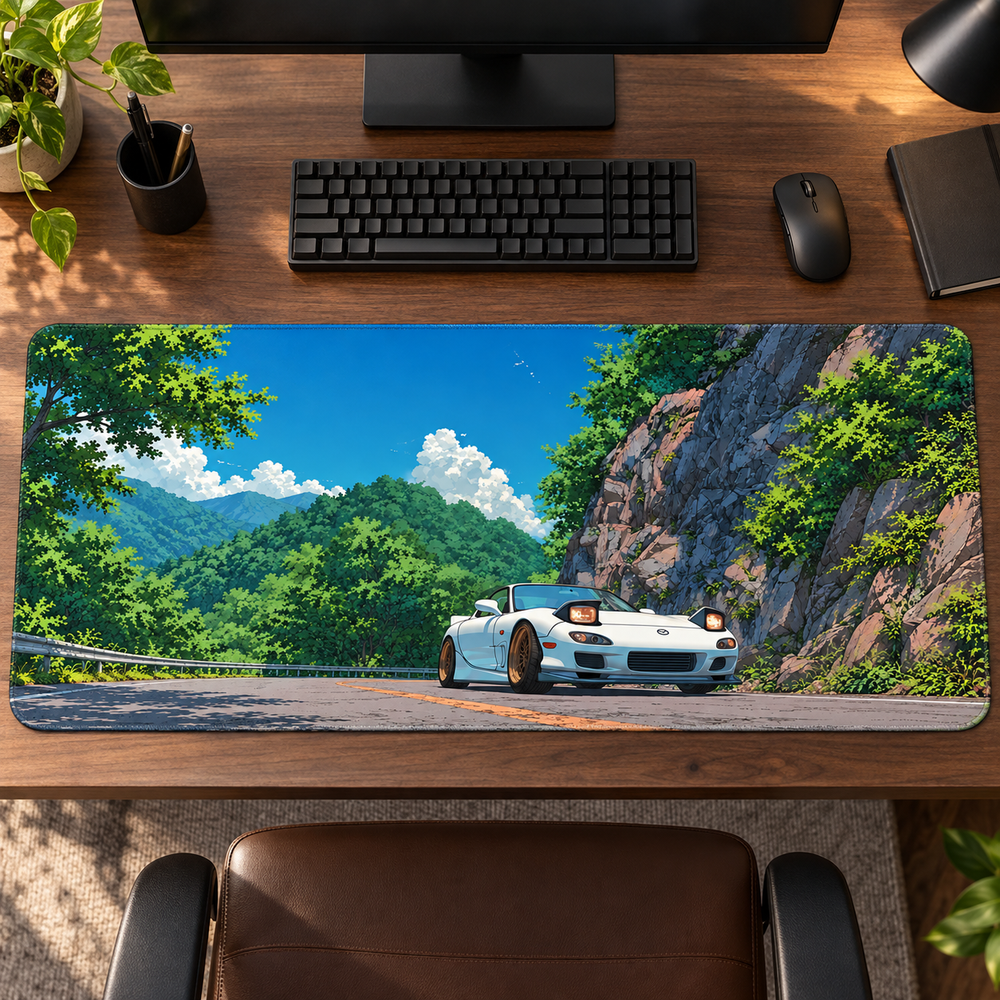 Beyaz Spor Otomobil Yeşil Dağ Yolu Mouse Pad - Y1772