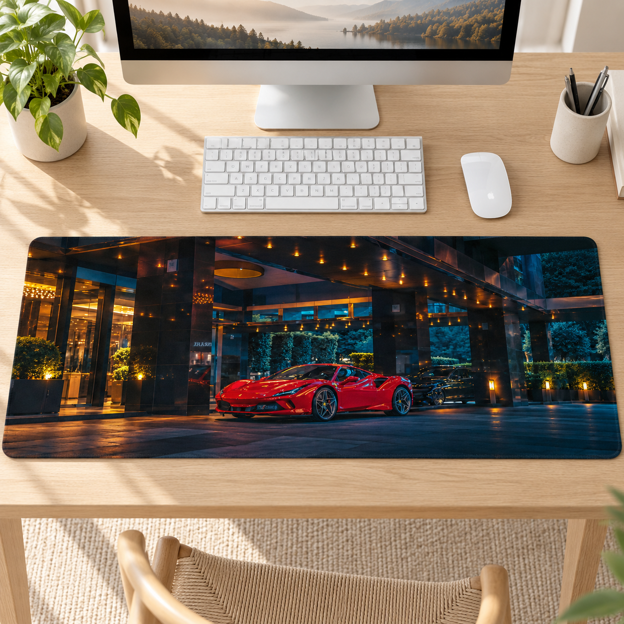 Kırmızı Süper Otomobil Gece Mimarisi Mouse Pad - Y1800