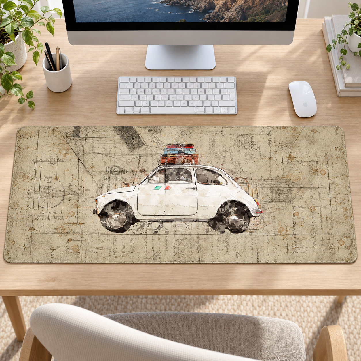Beyaz Nostaljik Otomobil Seyahat Çizimi Mouse Pad - Y1810