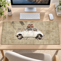 Beyaz Nostaljik Otomobil Seyahat Çizimi Mouse Pad - Y1810