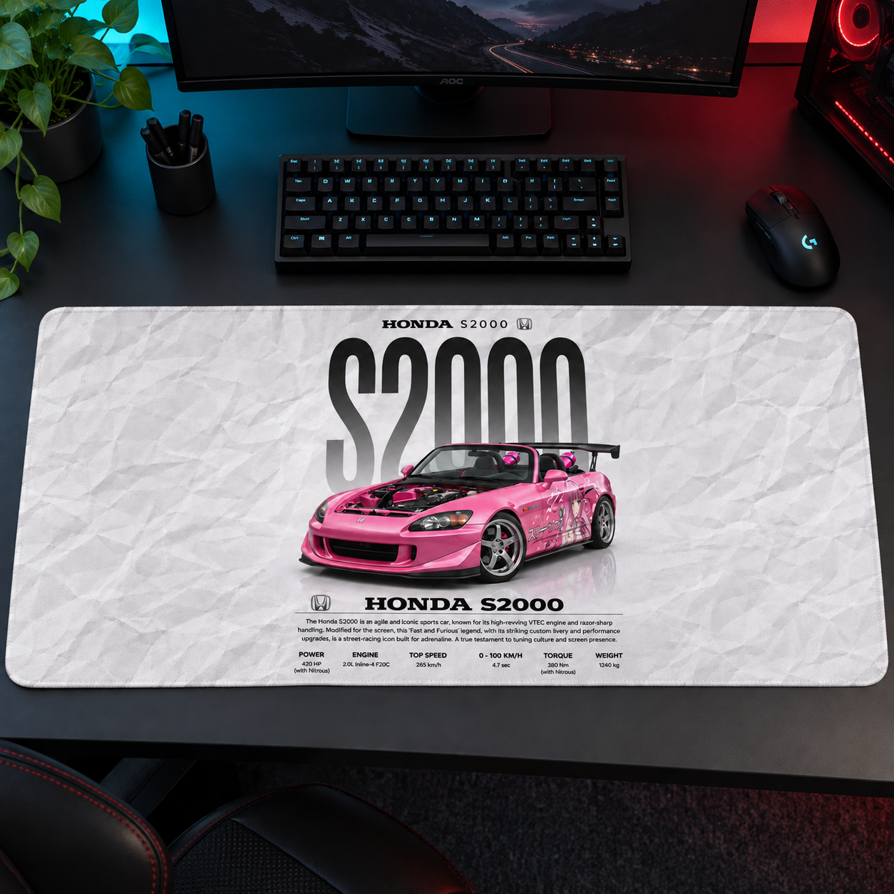 Honda S2000 Pembe Beyaz Teknik Tasarım Mouse Pad - Y1836