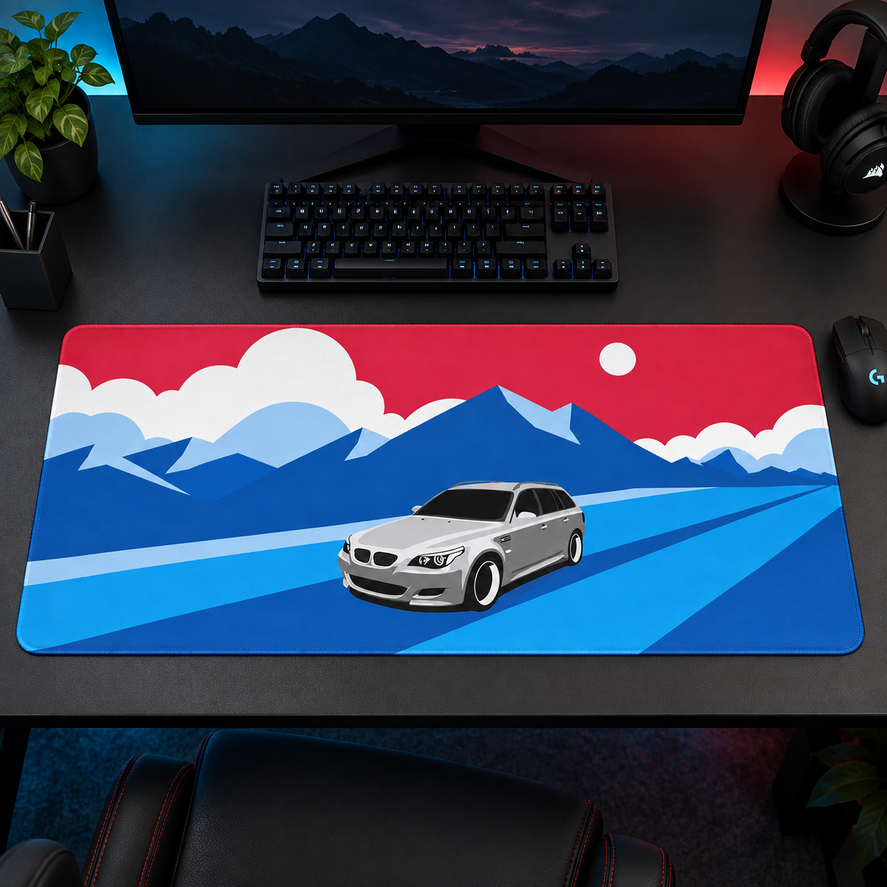 Beyaz Sedan Mavi Dağ Çizimi Mouse Pad - Y1861