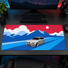 Beyaz Sedan Mavi Dağ Çizimi Mouse Pad - Y1861