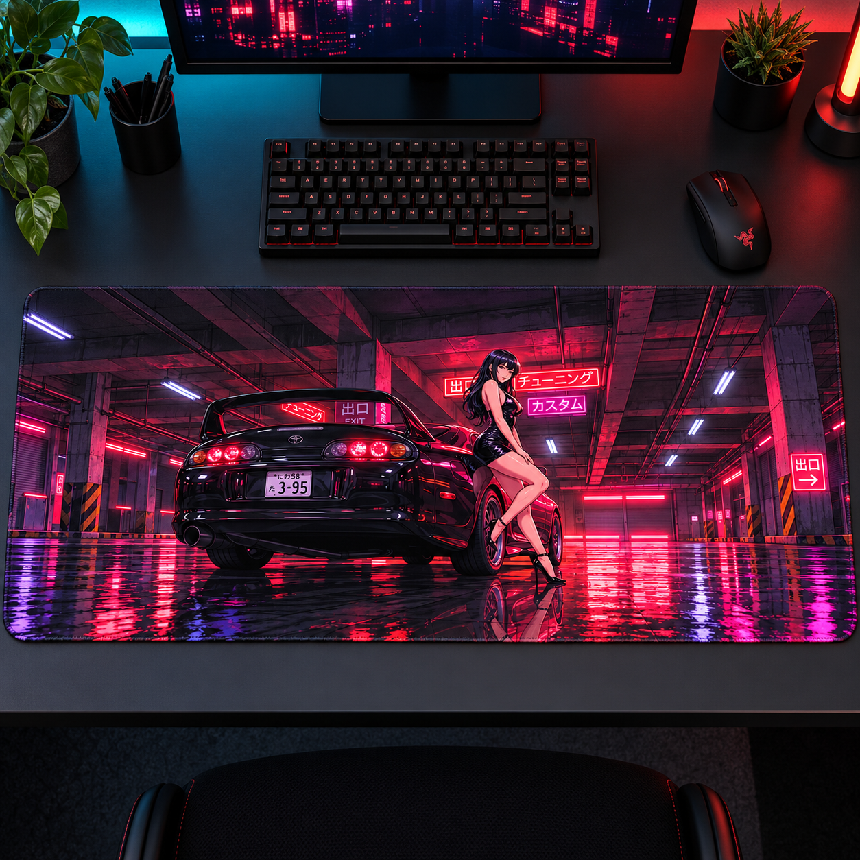 Neon Garajda Siyah Coupe ve Karakter Mouse Pad - Y1881
