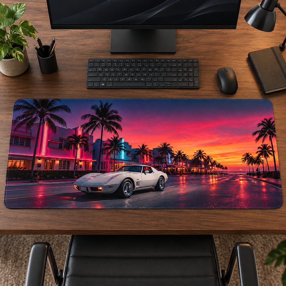Beyaz Süper Otomobil Miami Akşamı Mouse Pad - Y1887